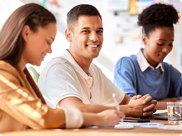 Professionals collaborating in a workplace setting