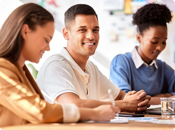 Professionals collaborating in a workplace setting